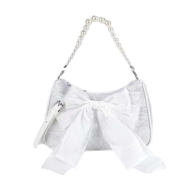 Bow Shoulder Canvas Bag with Pearl Strap Design
