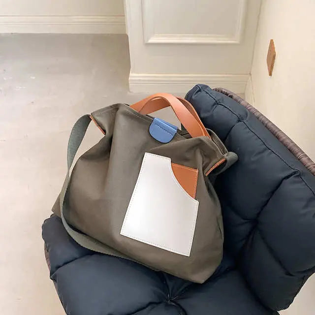 Contrast Color Canvas Bucket Tote Bag