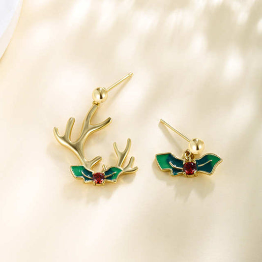 Asymmetric Green Bowknot Reindeer Earrings
