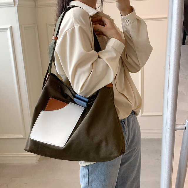 Contrast Color Canvas Bucket Tote Bag