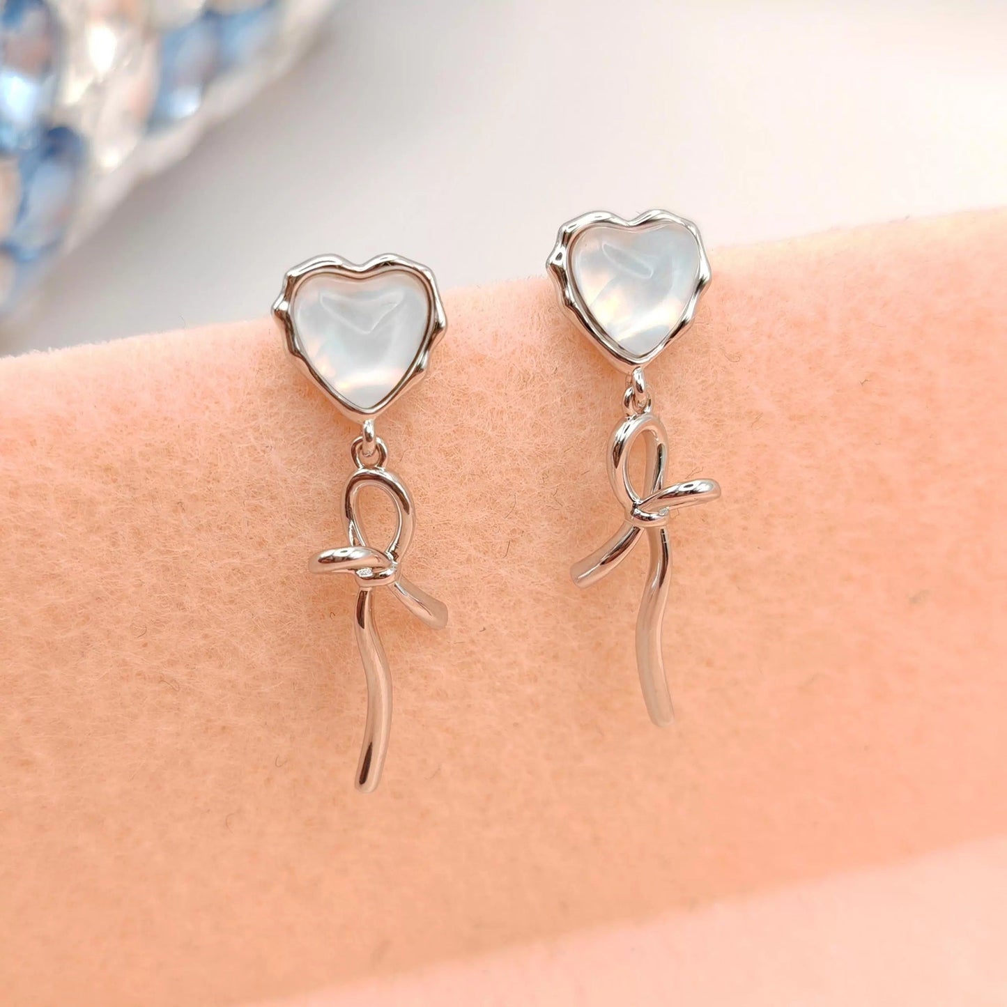 White Mocha Stone Heart Bow Ribbon Earrings