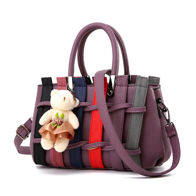 Chic Woven Handbag With Cute Bear Pendant