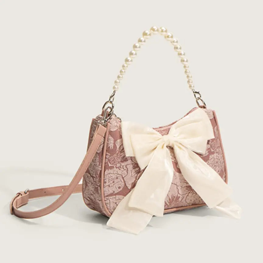 Bow Shoulder Canvas Bag with Pearl Strap Design
