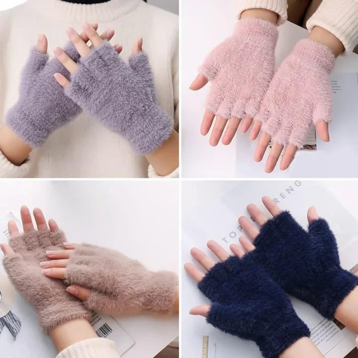 Half Finger Gloves for Women Girls| Winter Plush Fingerless Gloves